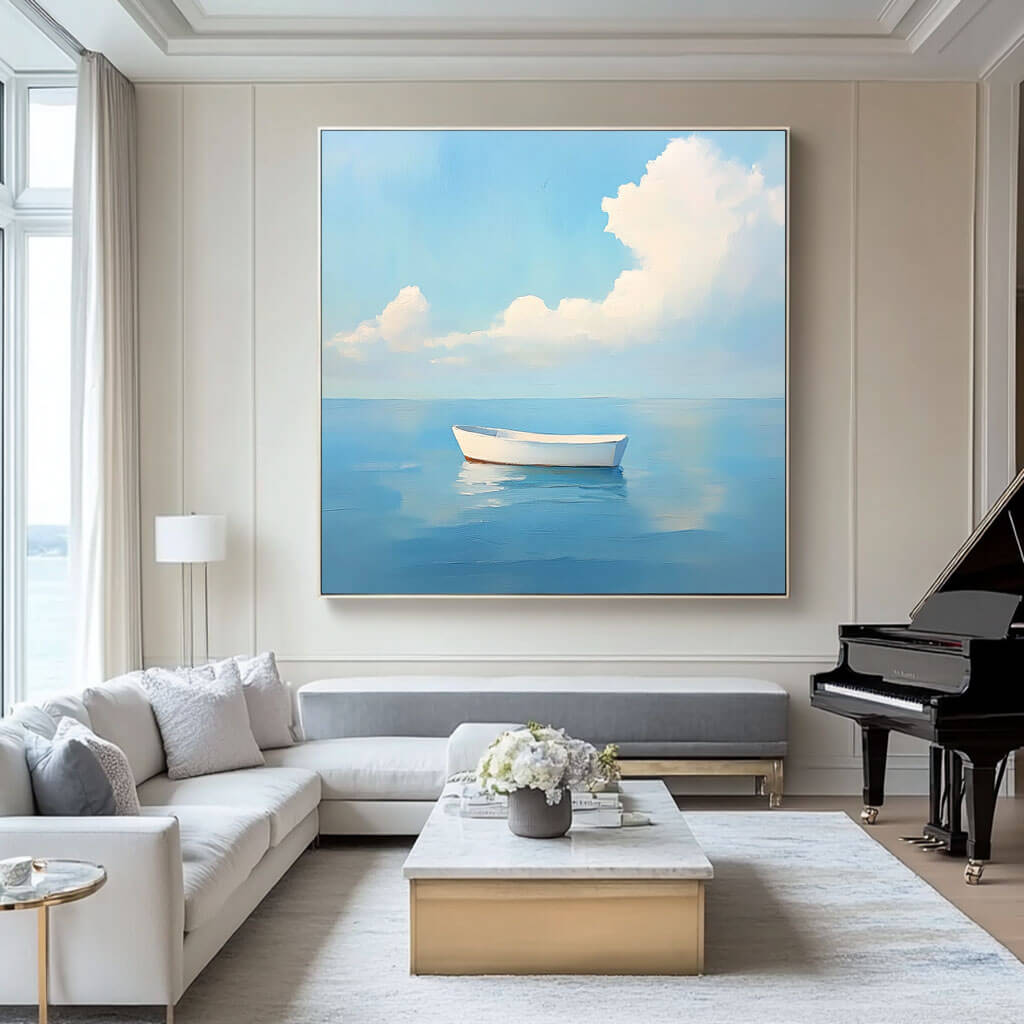 Calm Ocean Seascape Painting - Serene Boat Wall Art#AA 047