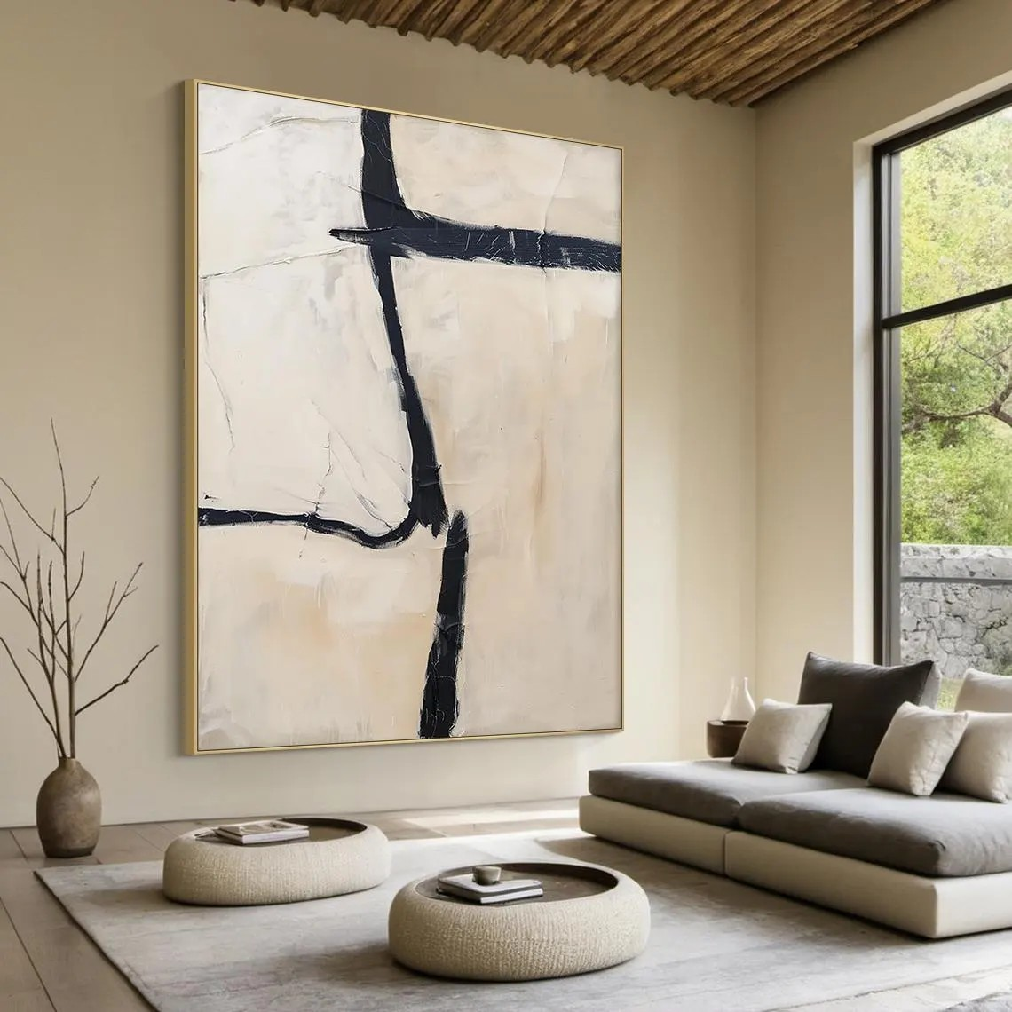 Large hand-painted serene birch forest oil painting with warm woodland tones #AA300