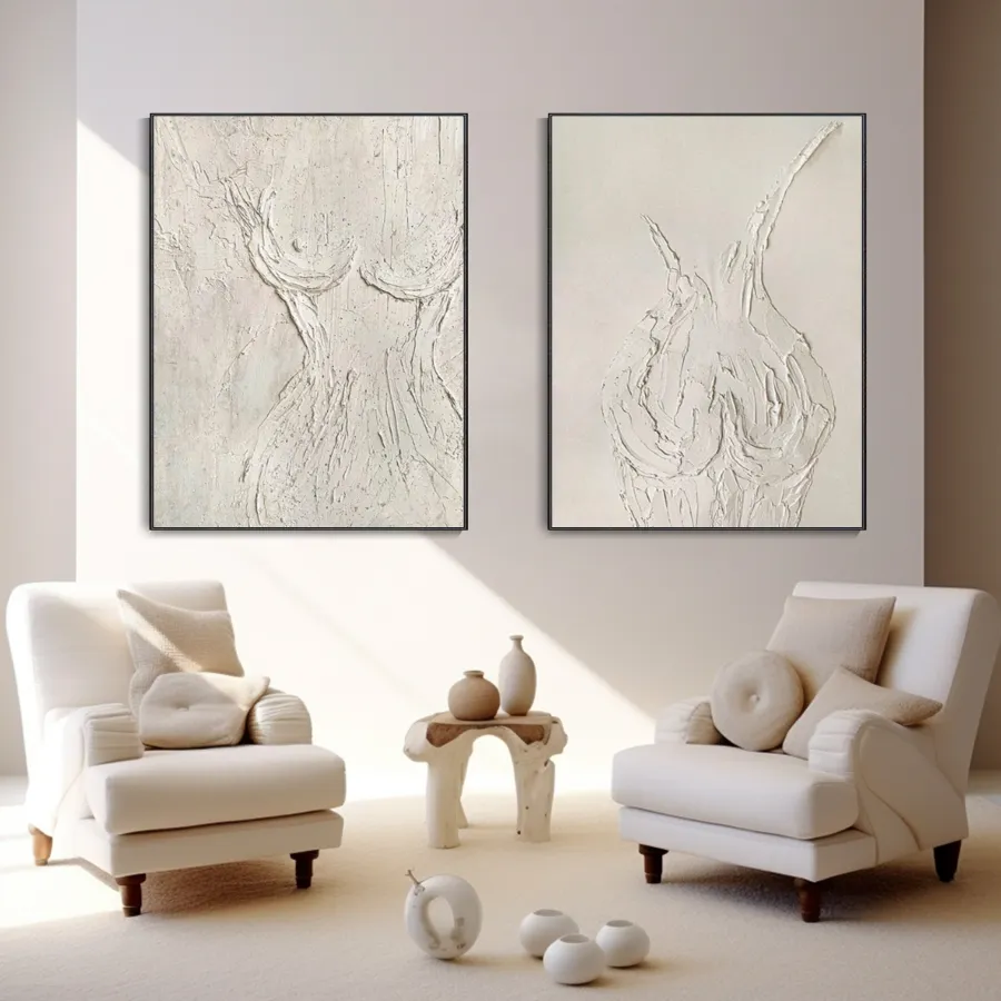 Minimalist Abstract Female Form Oil Painting - 2 Piece Textured Neutral Hand-Painted Set #ZZ204