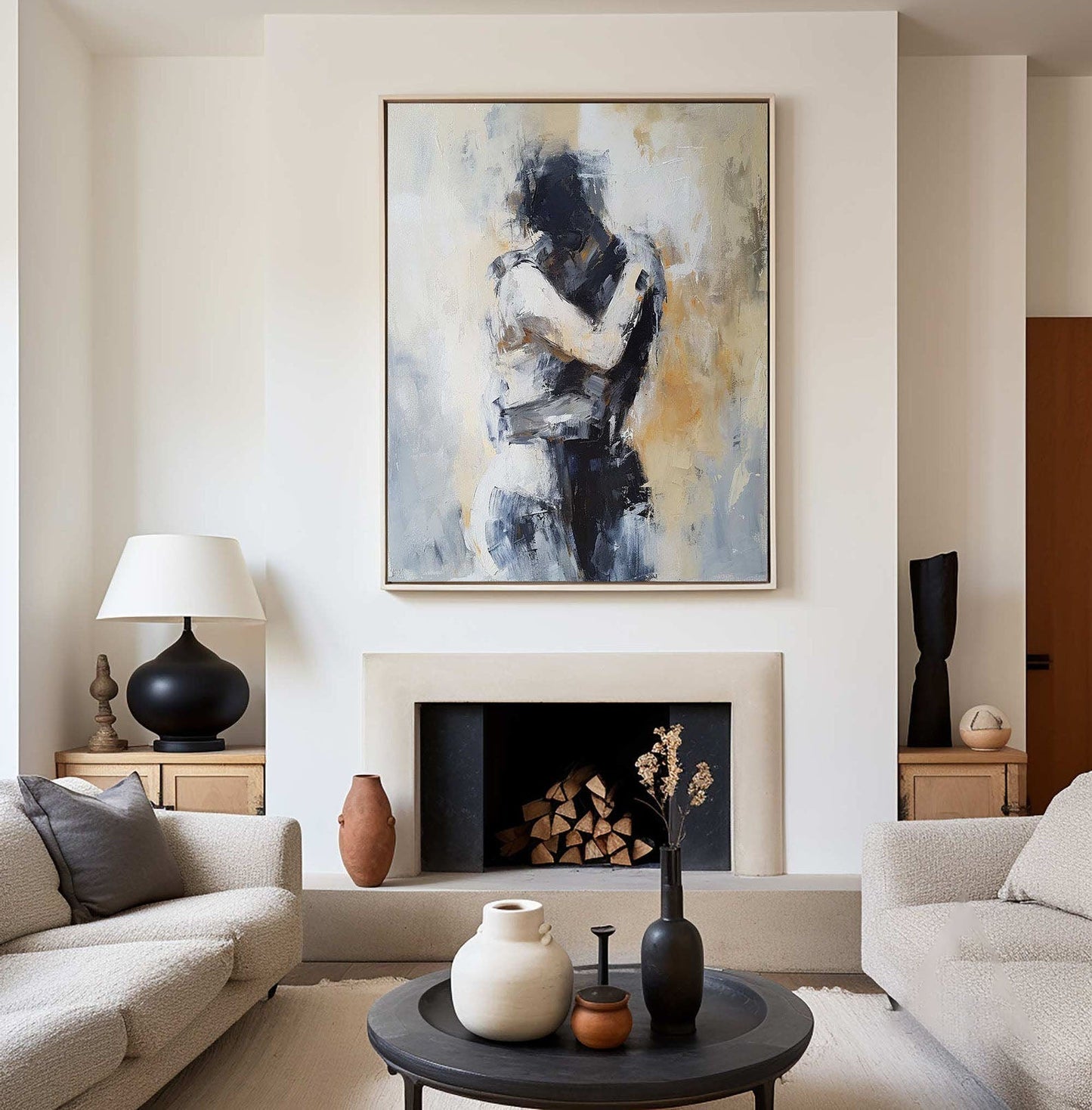 Minimalist Textured Embracing Couple Oil Painting - Modern Hand-Painted Abstract Figure Art #TB048