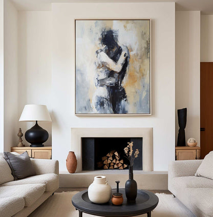 Minimalist Textured Embracing Couple Oil Painting - Modern Hand-Painted Abstract Figure Art #TB048