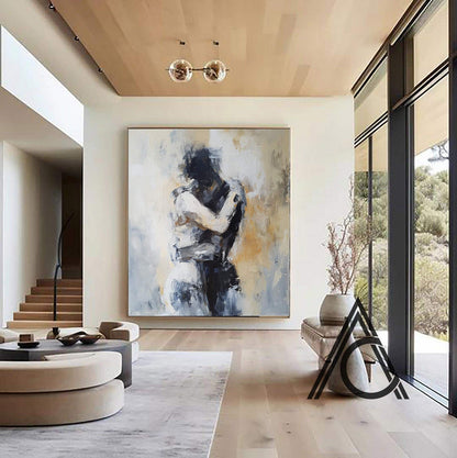 Minimalist Textured Embracing Couple Oil Painting - Modern Hand-Painted Abstract Figure Art #TB048