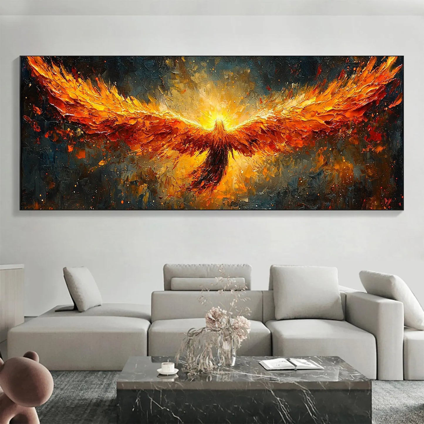Phoenix Rising Textured Oil Painting - Large Hand-Painted Fiery Mythical Bird Wall Art on Canvas #ZZ007
