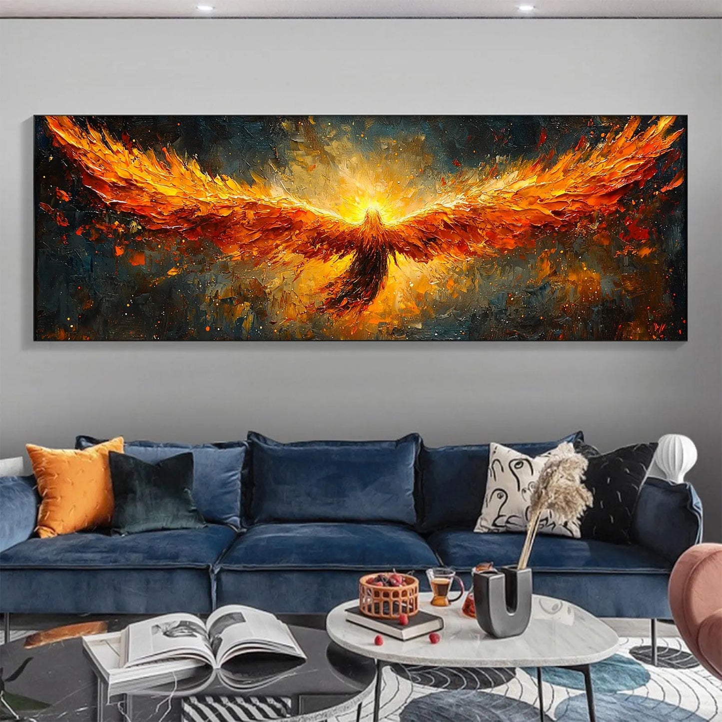 Phoenix Rising Textured Oil Painting - Large Hand-Painted Fiery Mythical Bird Wall Art on Canvas #ZZ007