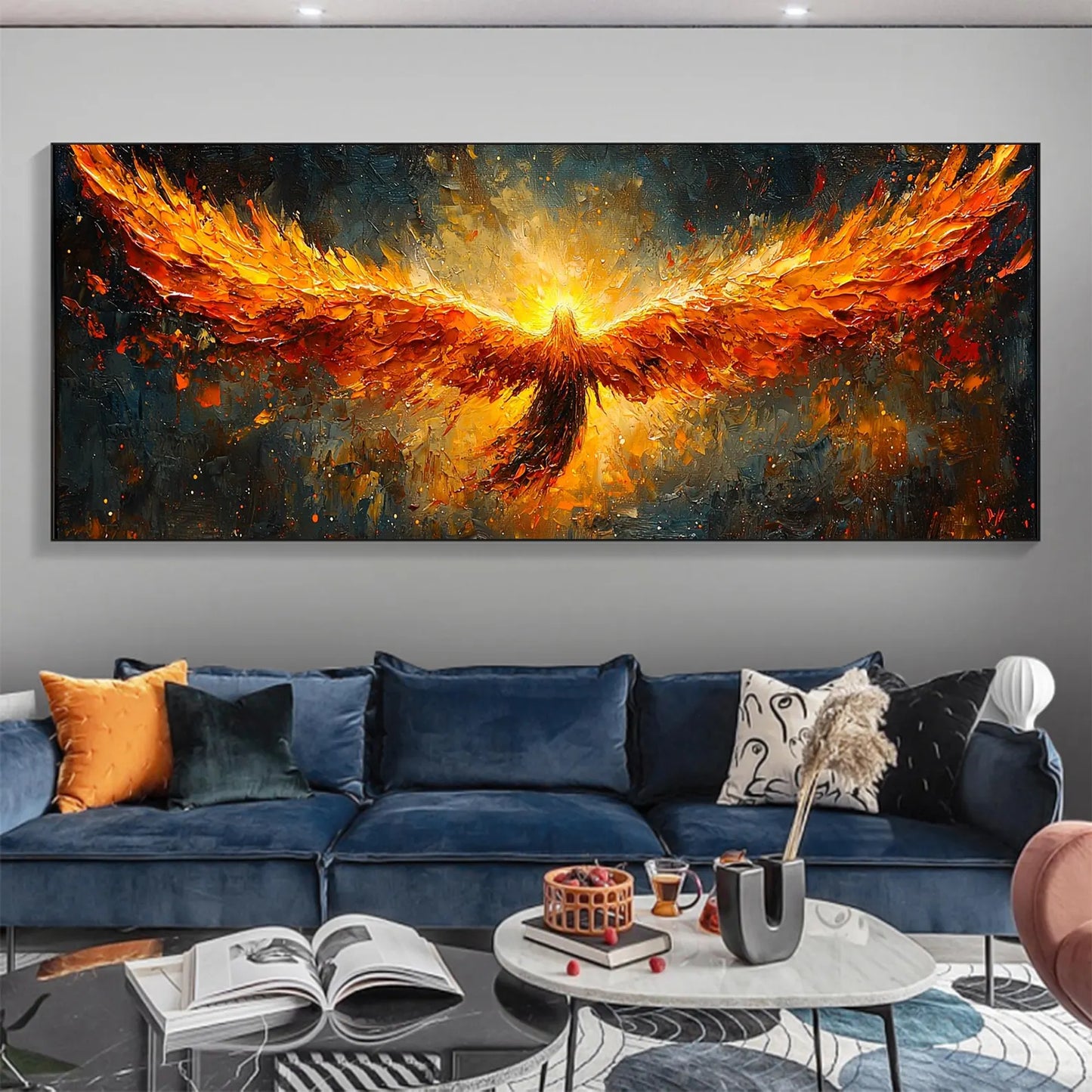 Phoenix Rising Textured Oil Painting - Large Hand-Painted Fiery Mythical Bird Wall Art on Canvas #ZZ007
