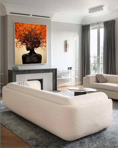 Minimalist Textured Abstract Portrait Oil Painting - Modern Orange & Brown Hand-Painted Wall Art #TB044
