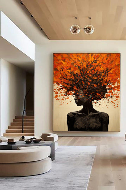 Minimalist Textured Abstract Portrait Oil Painting - Modern Orange & Brown Hand-Painted Wall Art #TB044