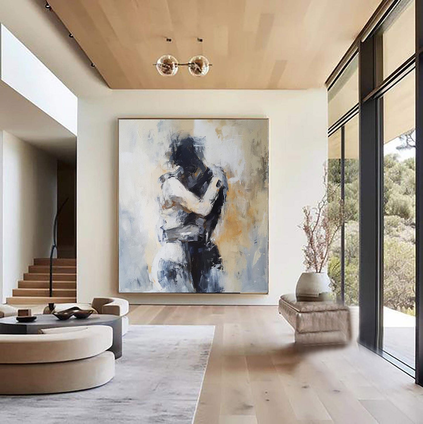 Minimalist Textured Embracing Couple Oil Painting - Modern Hand-Painted Abstract Figure Art #TB048