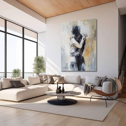 Minimalist Textured Embracing Couple Oil Painting - Modern Hand-Painted Abstract Figure Art #TB048
