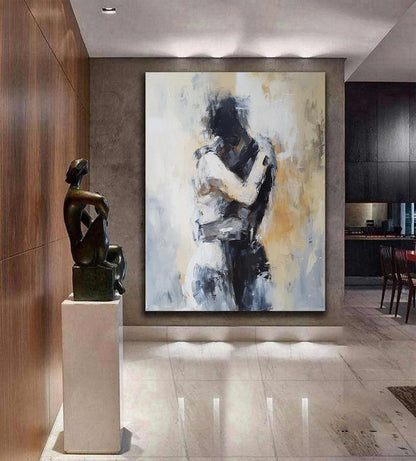 Minimalist Textured Embracing Couple Oil Painting - Modern Hand-Painted Abstract Figure Art #TB048