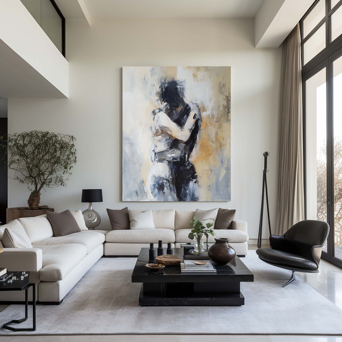 Minimalist Textured Embracing Couple Oil Painting - Modern Hand-Painted Abstract Figure Art #TB048