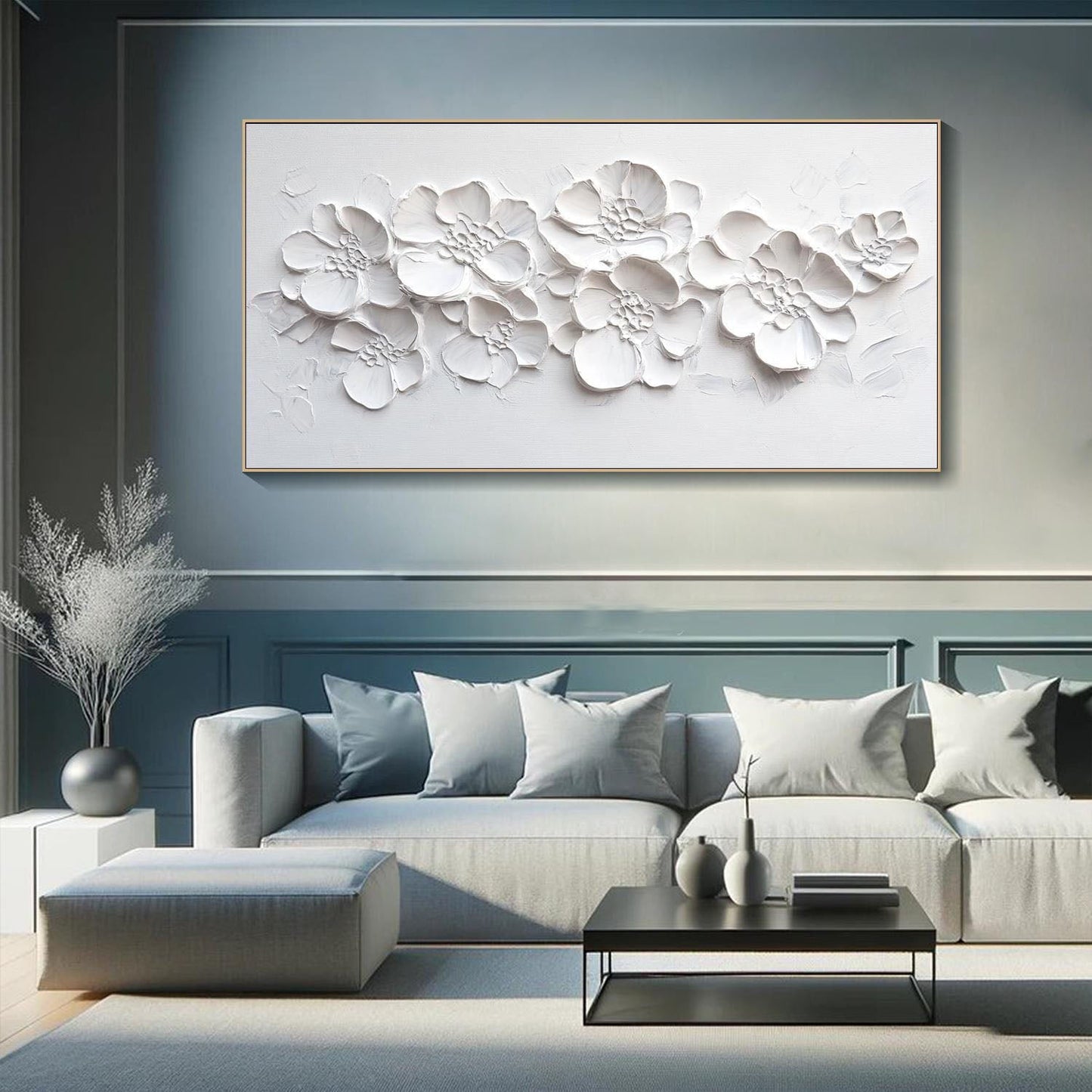 Modern 3D Textured White Floral Art - Large Handmade Minimalist Abstract Flower Wall Decor #TB020