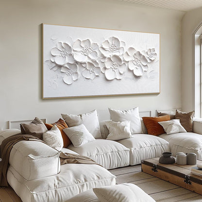 Modern 3D Textured White Floral Art - Large Handmade Minimalist Abstract Flower Wall Decor #TB020