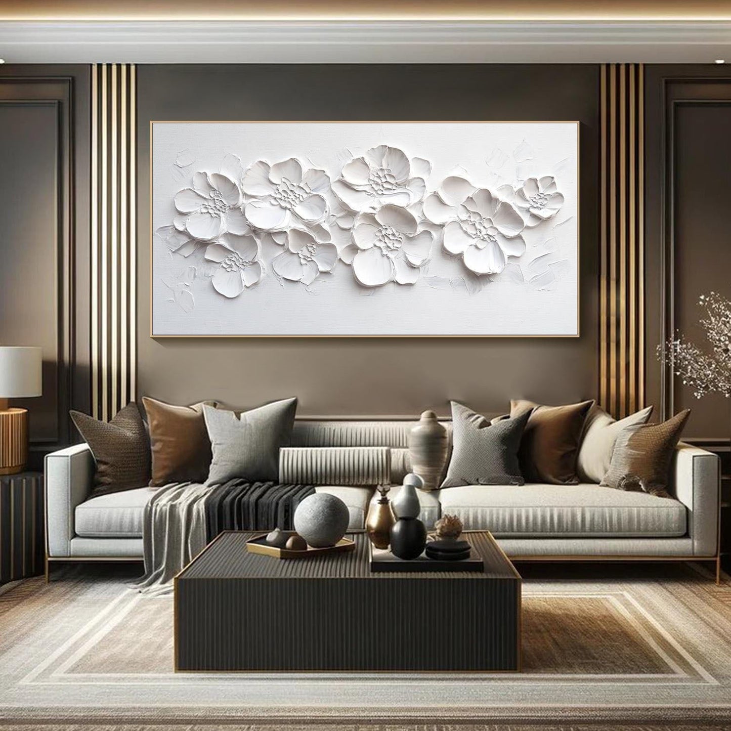 Modern 3D Textured White Floral Art - Large Handmade Minimalist Abstract Flower Wall Decor #TB020