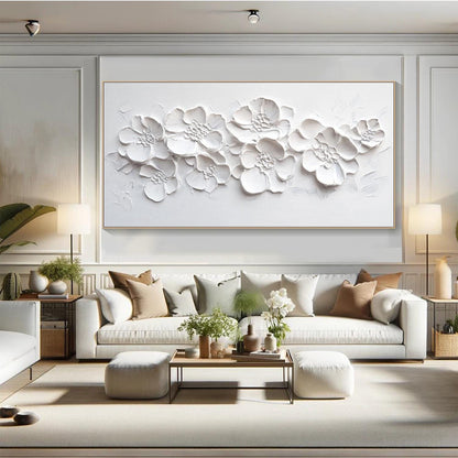 Modern 3D Textured White Floral Art - Large Handmade Minimalist Abstract Flower Wall Decor #TB020