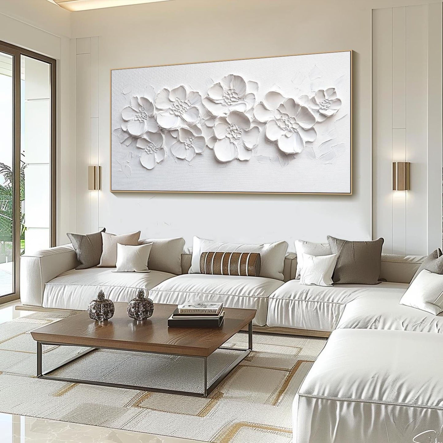 Modern 3D Textured White Floral Art - Large Handmade Minimalist Abstract Flower Wall Decor #TB020