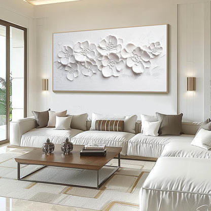 Modern 3D Textured White Floral Art - Large Handmade Minimalist Abstract Flower Wall Decor #TB020
