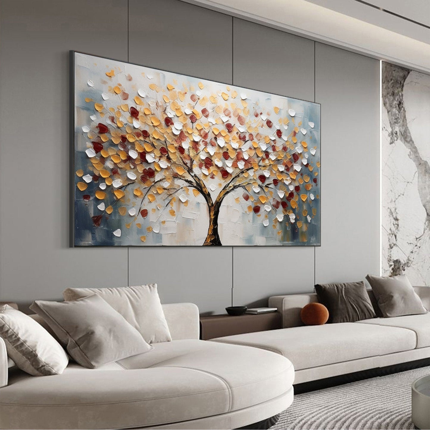 Minimalist Tree of Life Oil Painting - Large Textured Neutral Landscape Canvas Art #ZZ179