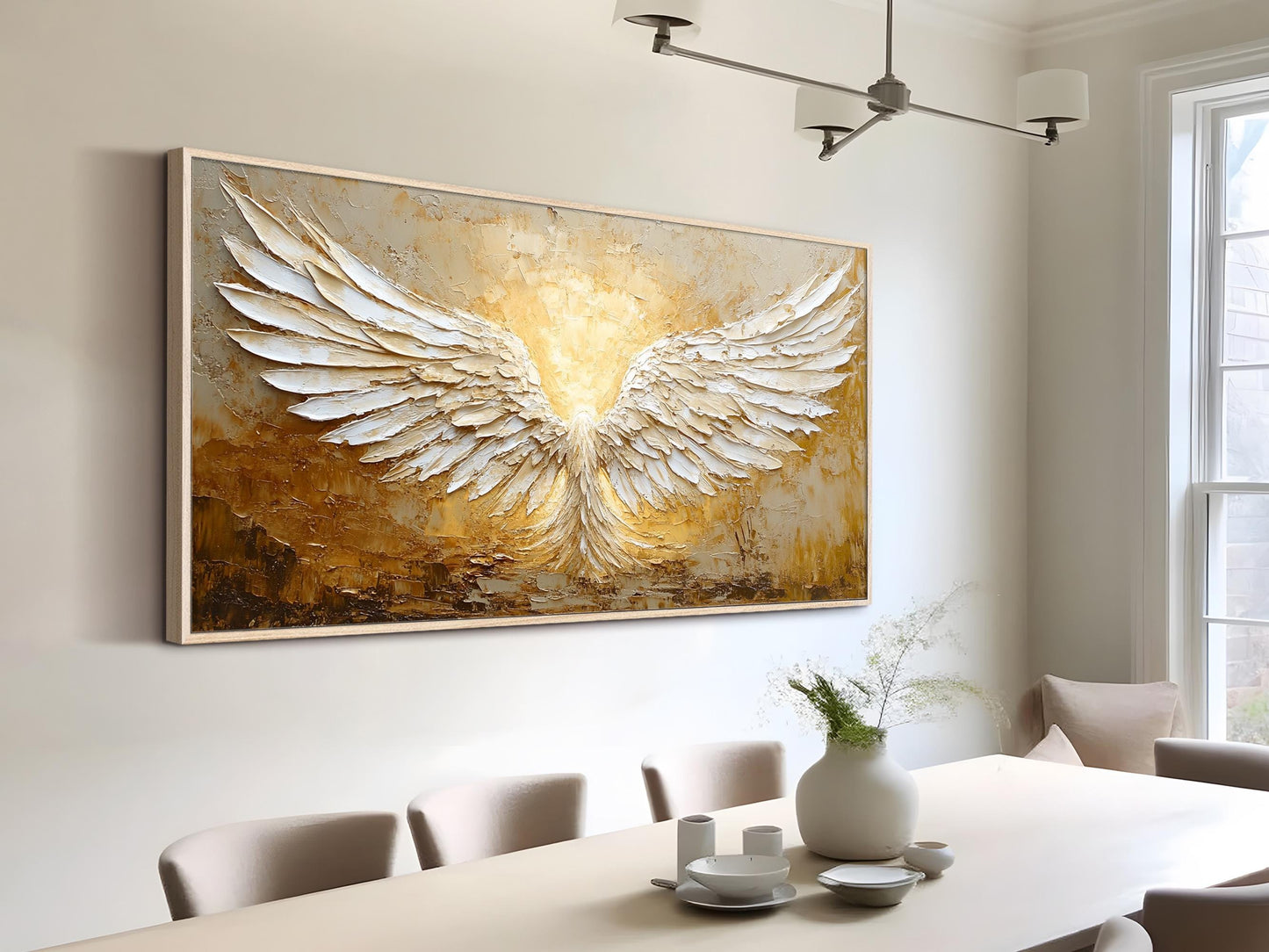 Minimalist Abstract Angel Wings Oil Painting - White and Gold Textured Hand-Painted Art #ZZ148