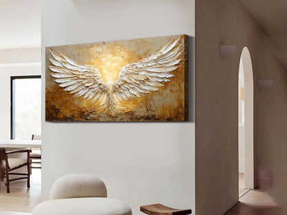 Minimalist Abstract Angel Wings Oil Painting - White and Gold Textured Hand-Painted Art #ZZ148