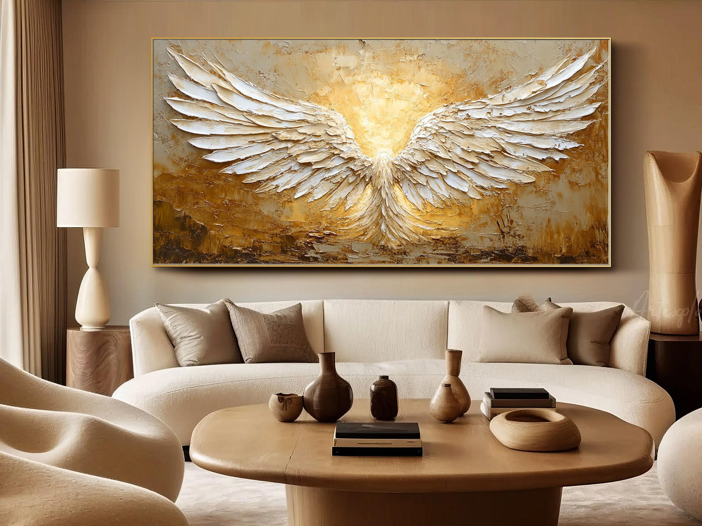 Minimalist Abstract Angel Wings Oil Painting - White and Gold Textured Hand-Painted Art #ZZ148