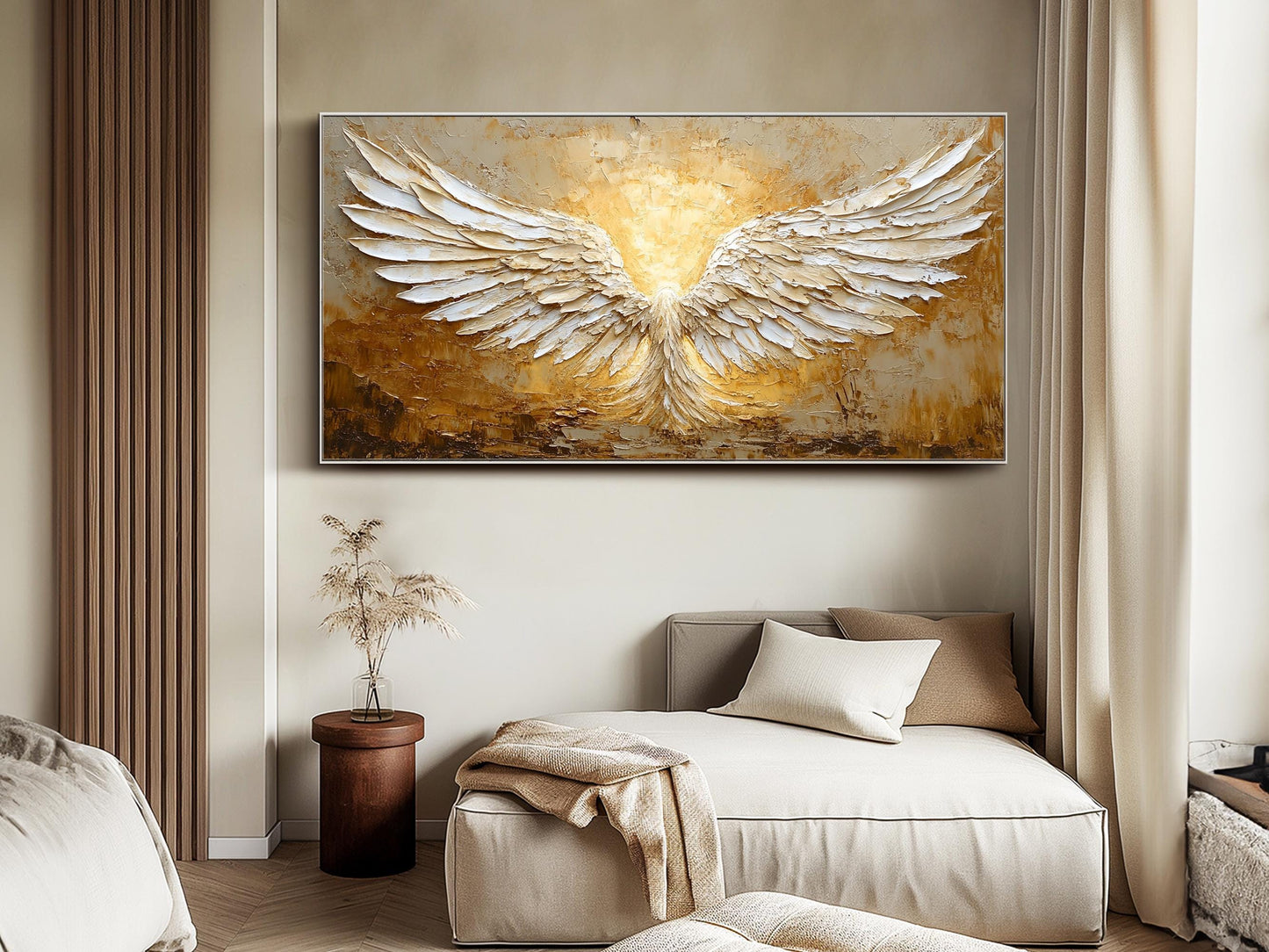 Minimalist Abstract Angel Wings Oil Painting - White and Gold Textured Hand-Painted Art #ZZ148