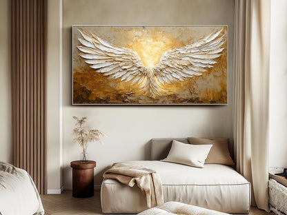Minimalist Abstract Angel Wings Oil Painting - White and Gold Textured Hand-Painted Art #ZZ148