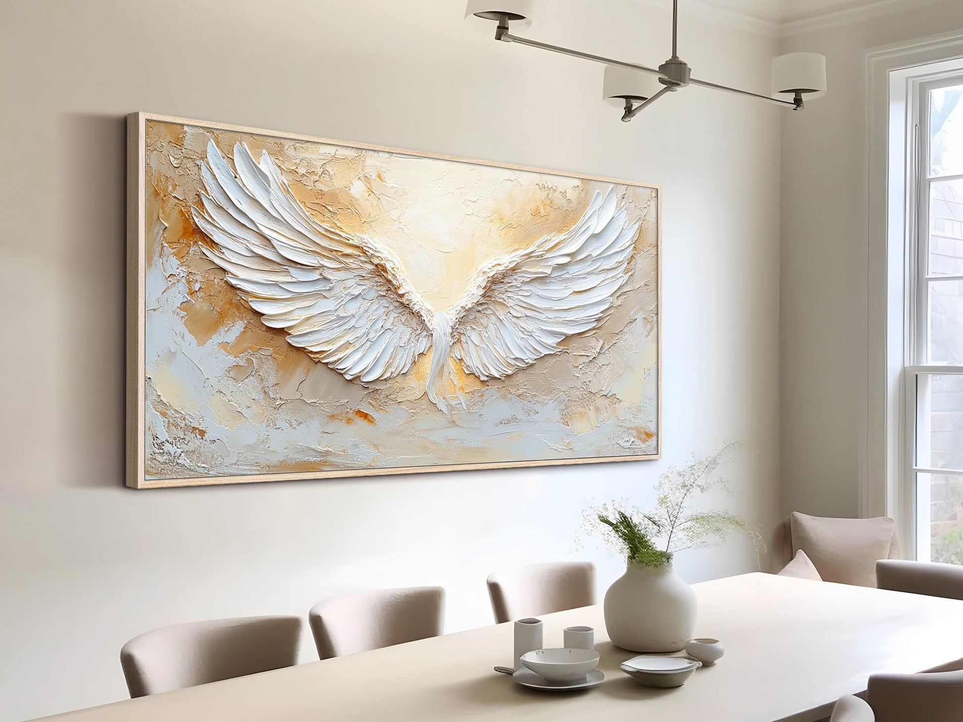 Large hand-painted white textured abstract angel wings wall art for room decor