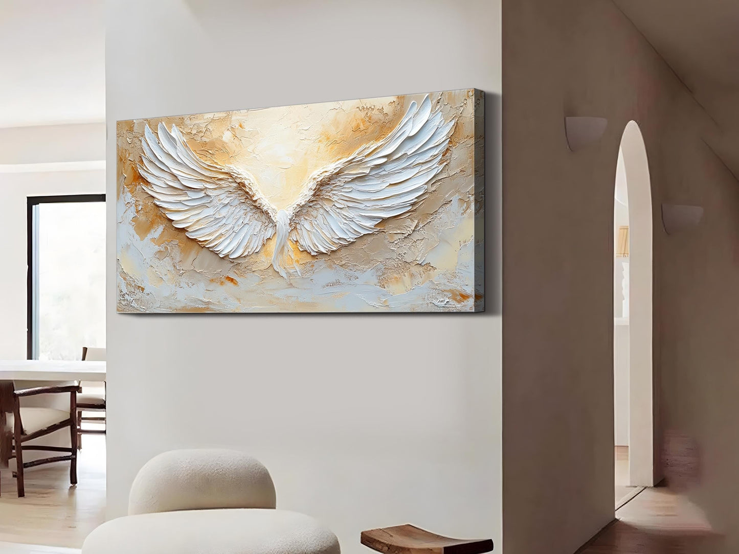 Large hand-painted white textured abstract angel wings wall art for room decor