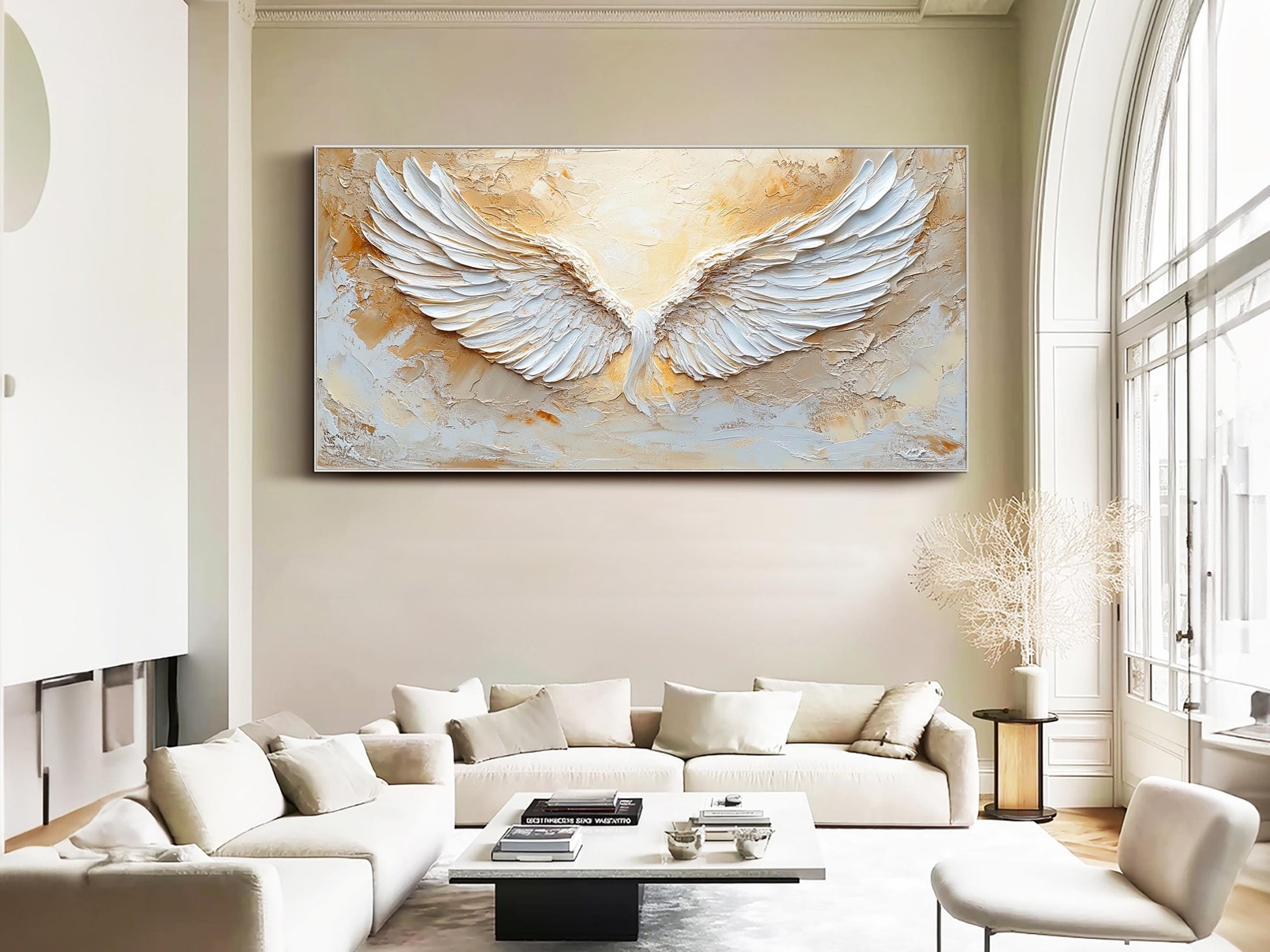 Large hand-painted white textured abstract angel wings wall art for room decor