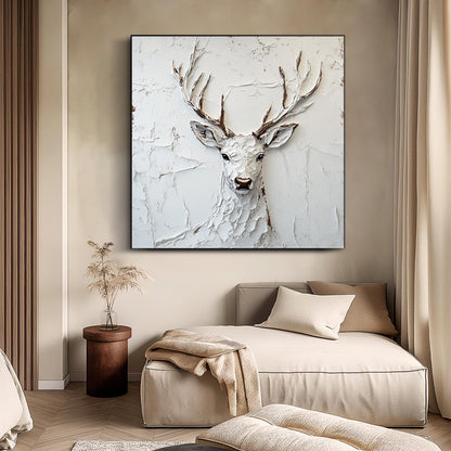 Modern White Plaster Art Deer - Large Textured Stag Painting Minimalist Wall Art on Canvas #ZZ147