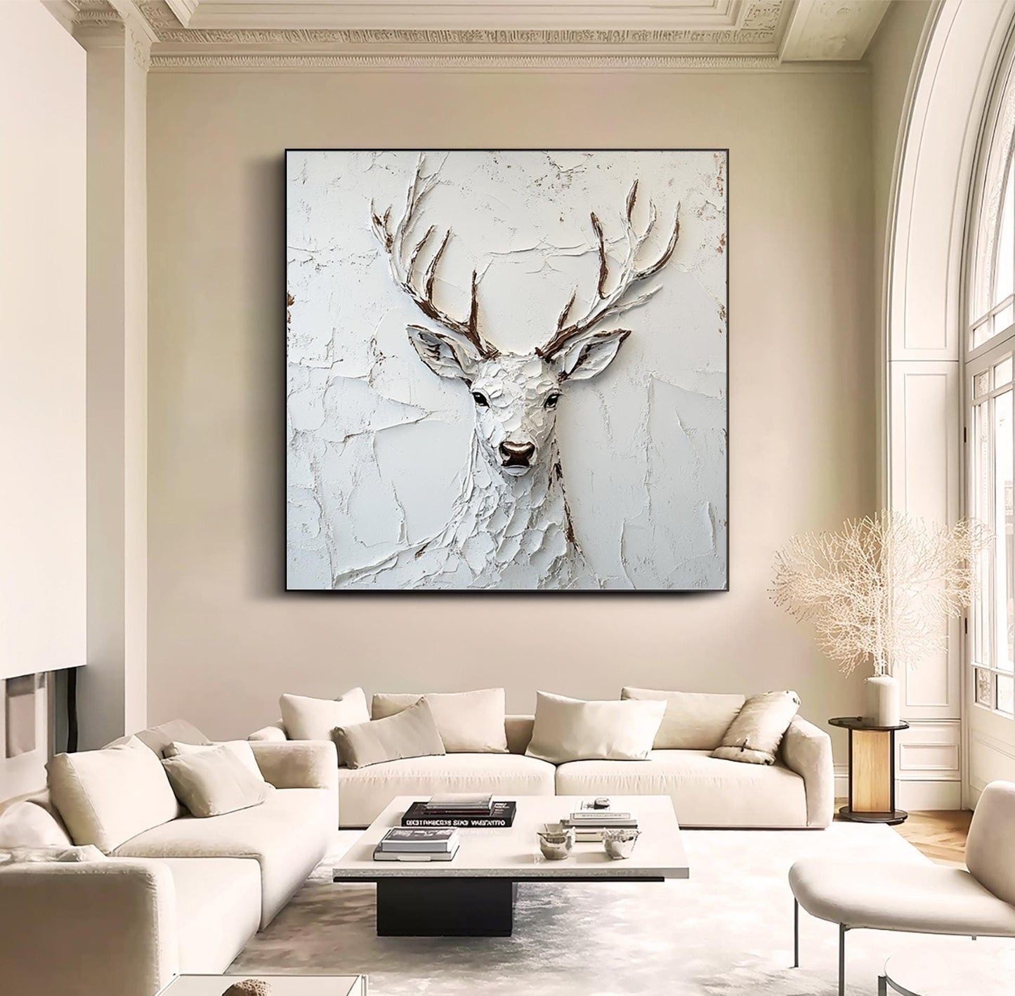 Modern White Plaster Art Deer - Large Textured Stag Painting Minimalist Wall Art on Canvas #ZZ147