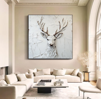 Modern White Plaster Art Deer - Large Textured Stag Painting Minimalist Wall Art on Canvas #ZZ147