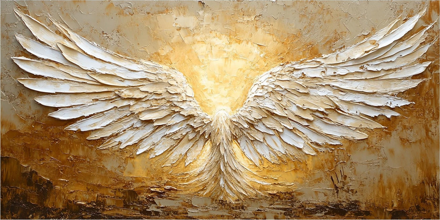 Minimalist Abstract Angel Wings Oil Painting - White and Gold Textured Hand-Painted Art #ZZ148