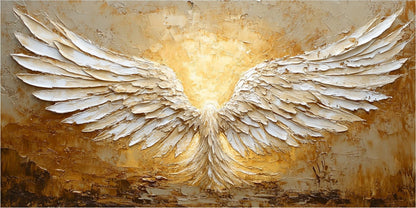 Minimalist Abstract Angel Wings Oil Painting - White and Gold Textured Hand-Painted Art #ZZ148