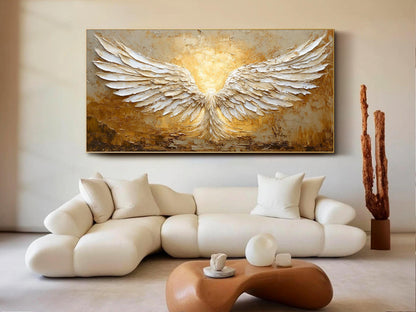 Minimalist Abstract Angel Wings Oil Painting - White and Gold Textured Hand-Painted Art #ZZ148