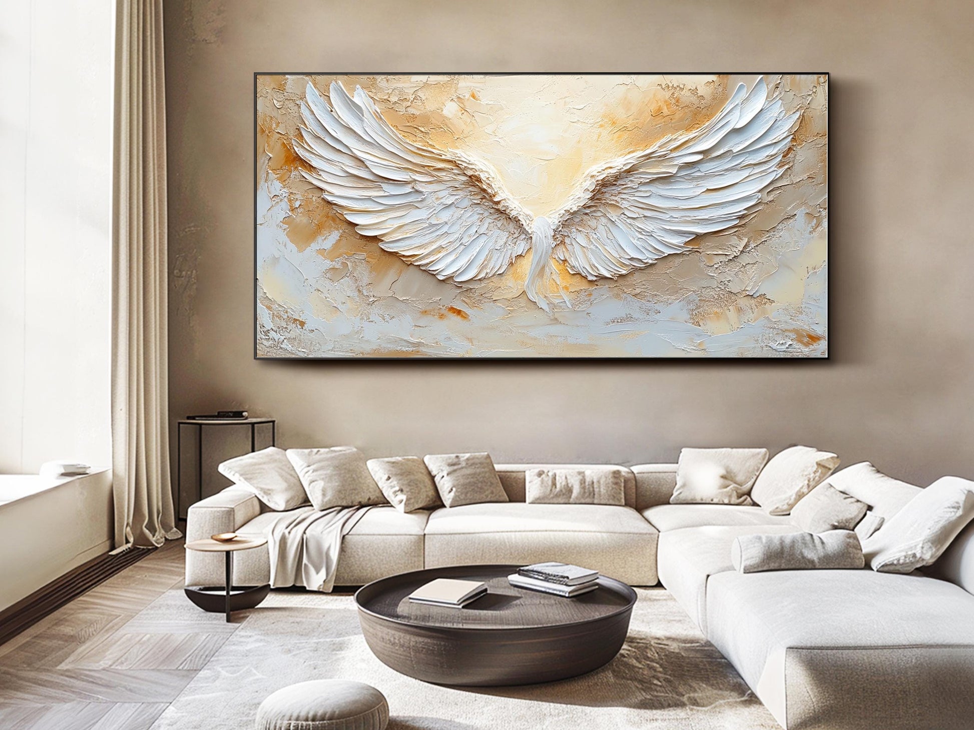 Large hand-painted white textured abstract angel wings wall art for room decor