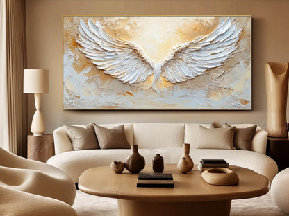 Large hand-painted white textured abstract angel wings wall art for room decor