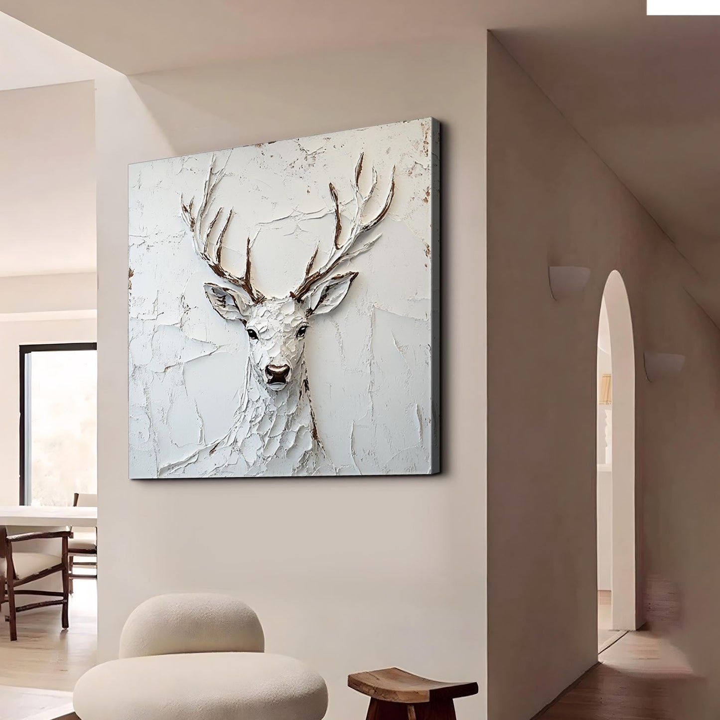 Modern White Plaster Art Deer - Large Textured Stag Painting Minimalist Wall Art on Canvas #ZZ147