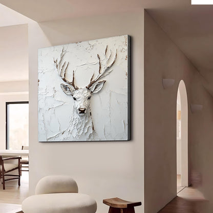 Modern White Plaster Art Deer - Large Textured Stag Painting Minimalist Wall Art on Canvas #ZZ147