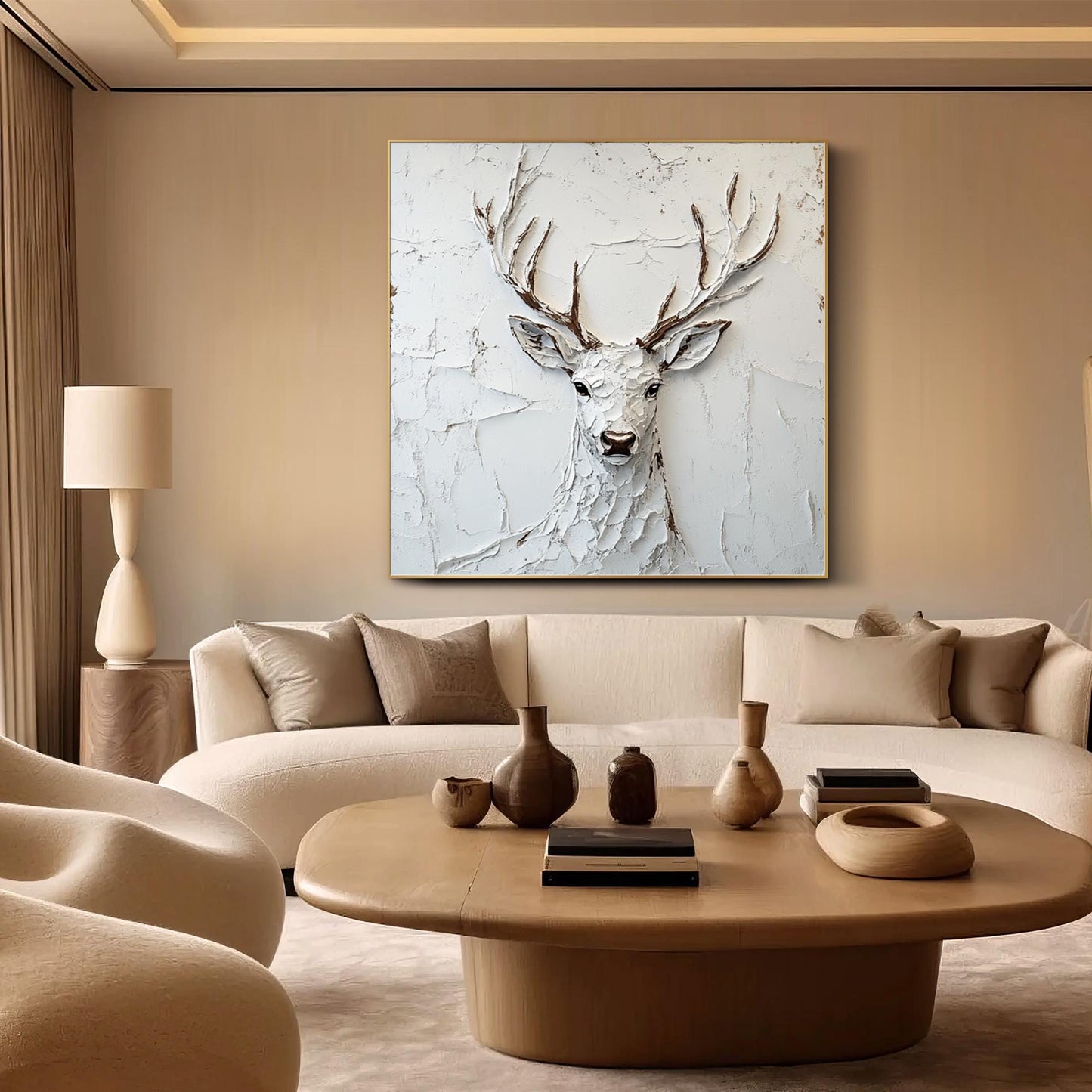 Modern White Plaster Art Deer - Large Textured Stag Painting Minimalist Wall Art on Canvas #ZZ147