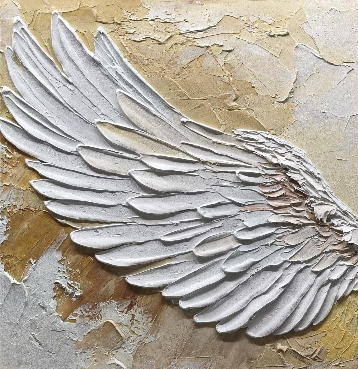 Large hand-painted white textured abstract angel wings wall art for room decor