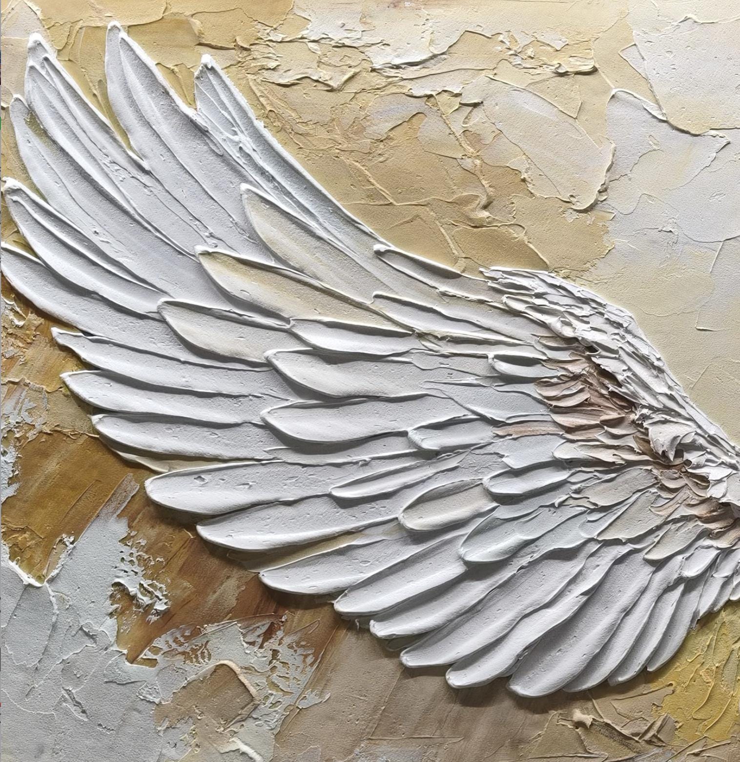 Large hand-painted white textured abstract angel wings wall art for room decor