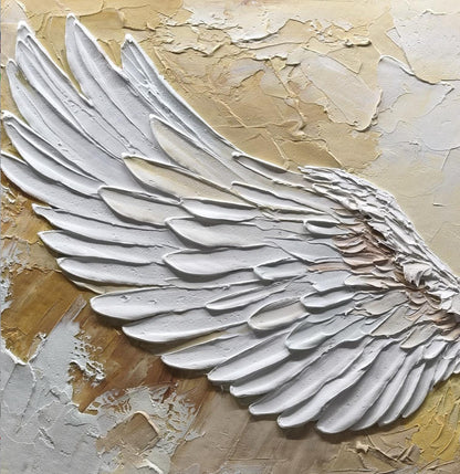 Large hand-painted white textured abstract angel wings wall art for room decor