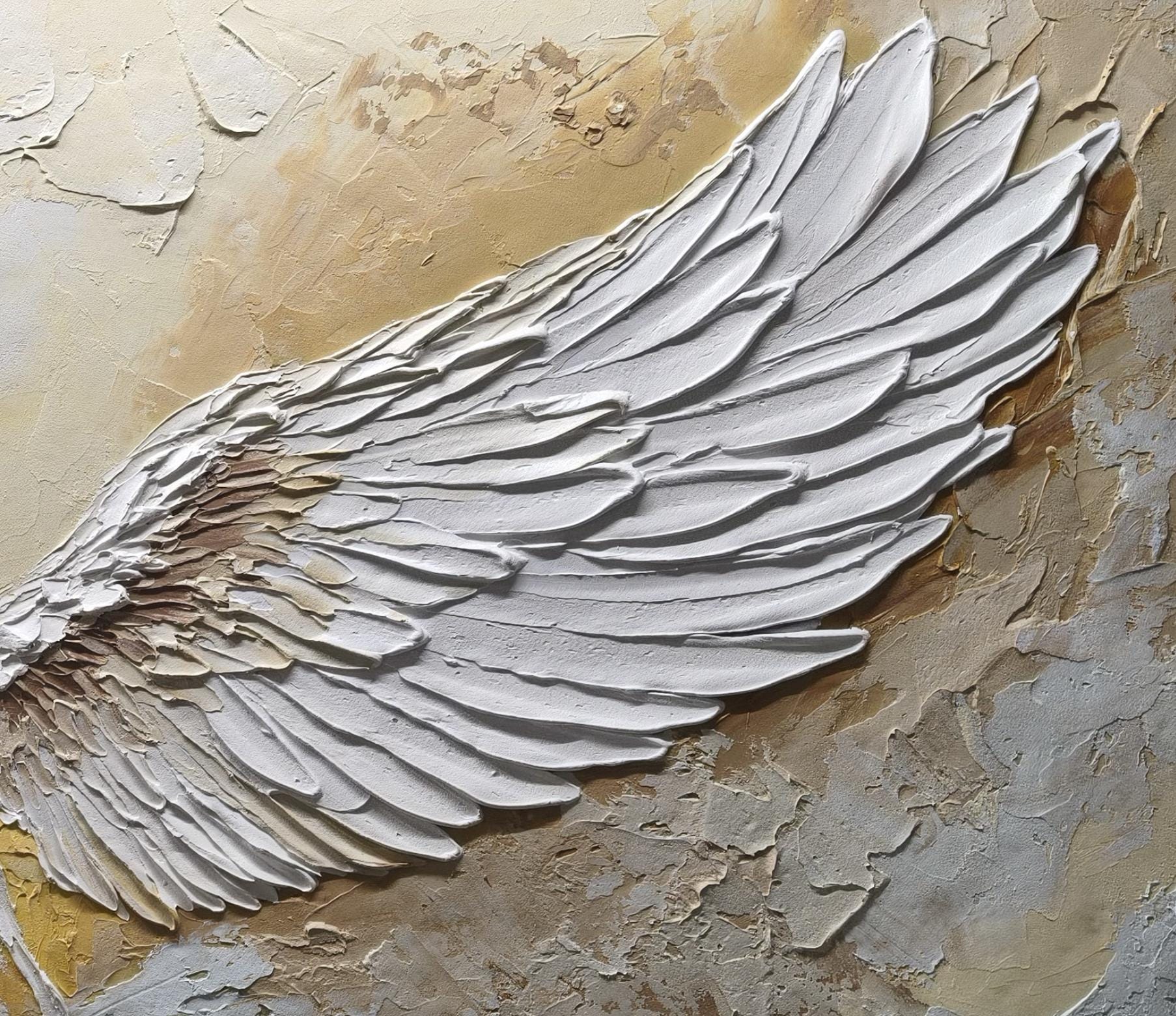 Large hand-painted white textured abstract angel wings wall art for room decor