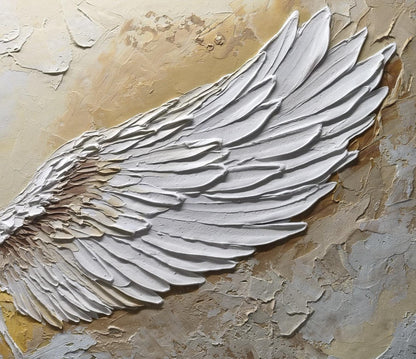 Large hand-painted white textured abstract angel wings wall art for room decor