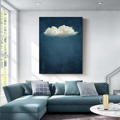 Modern Minimalist Cloud Painting - Large Vertical Blue Textured Canvas Wall Art #TC042