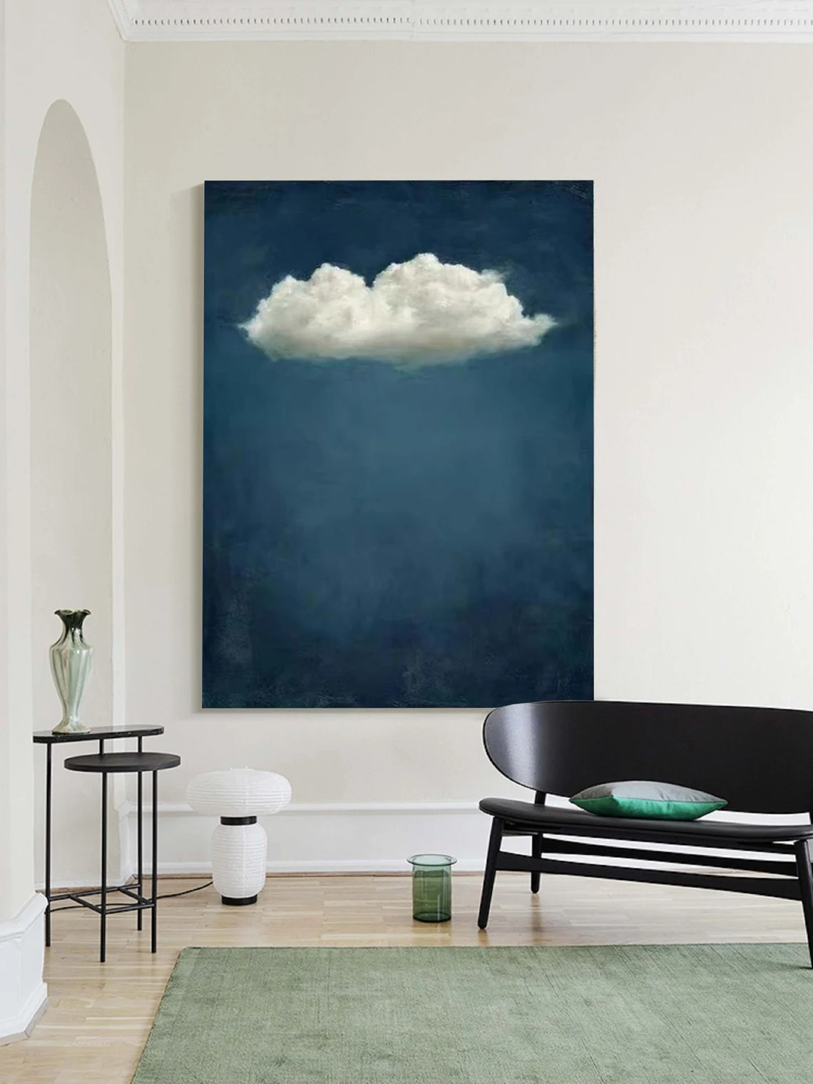 Modern Minimalist Cloud Painting - Large Vertical Blue Textured Canvas Wall Art #TC042