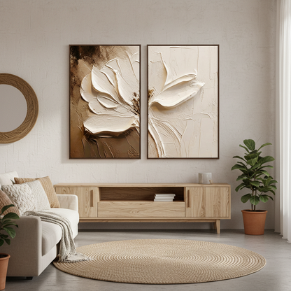 Large hand-painted neutral boho textured white flower diptych oil painting