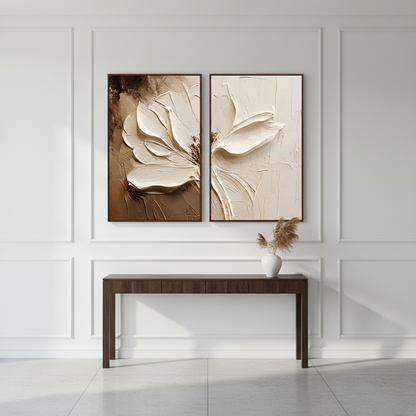 Large hand-painted neutral boho textured white flower diptych oil painting